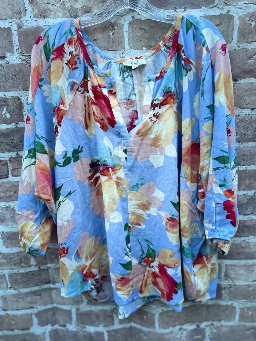 Easel size M oversized Light Blue linen Floral Peasant Blouse cottagecore